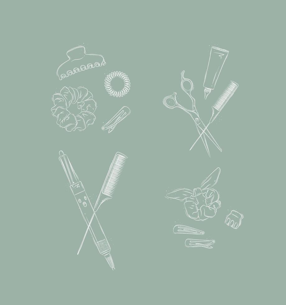 Collection of tools and accessories for creating hairstyles drawing on green background vector