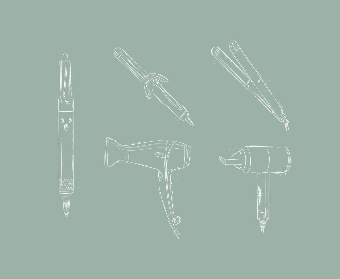 Hair straightener, curling iron, hairdryer collection for creating model drawing on green background vector