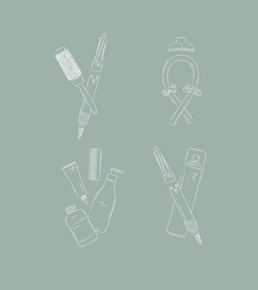 Curl styling tools composition drawing on green background vector