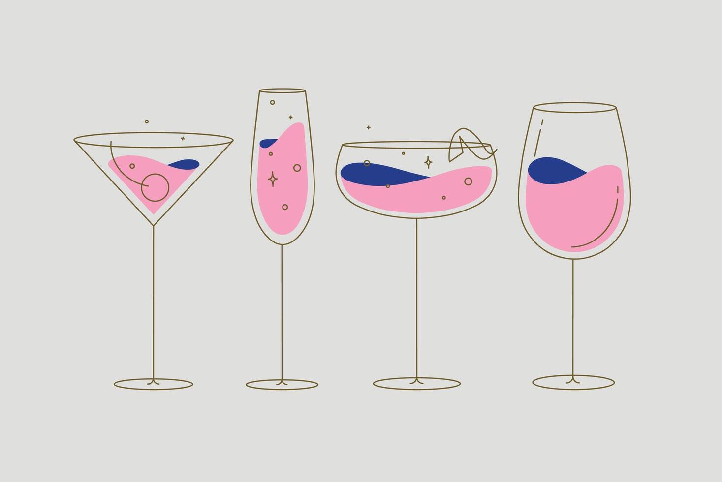 Cocktail glasses manhattan champagne wine daiquiri drawing in flat line style on beige background vector