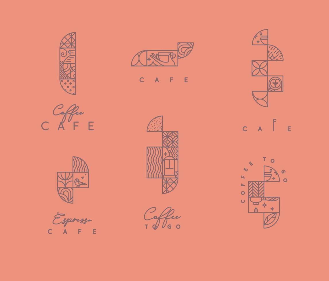 Set of creative modern art deco coffee elements in flat line style drawing on coral background. vector