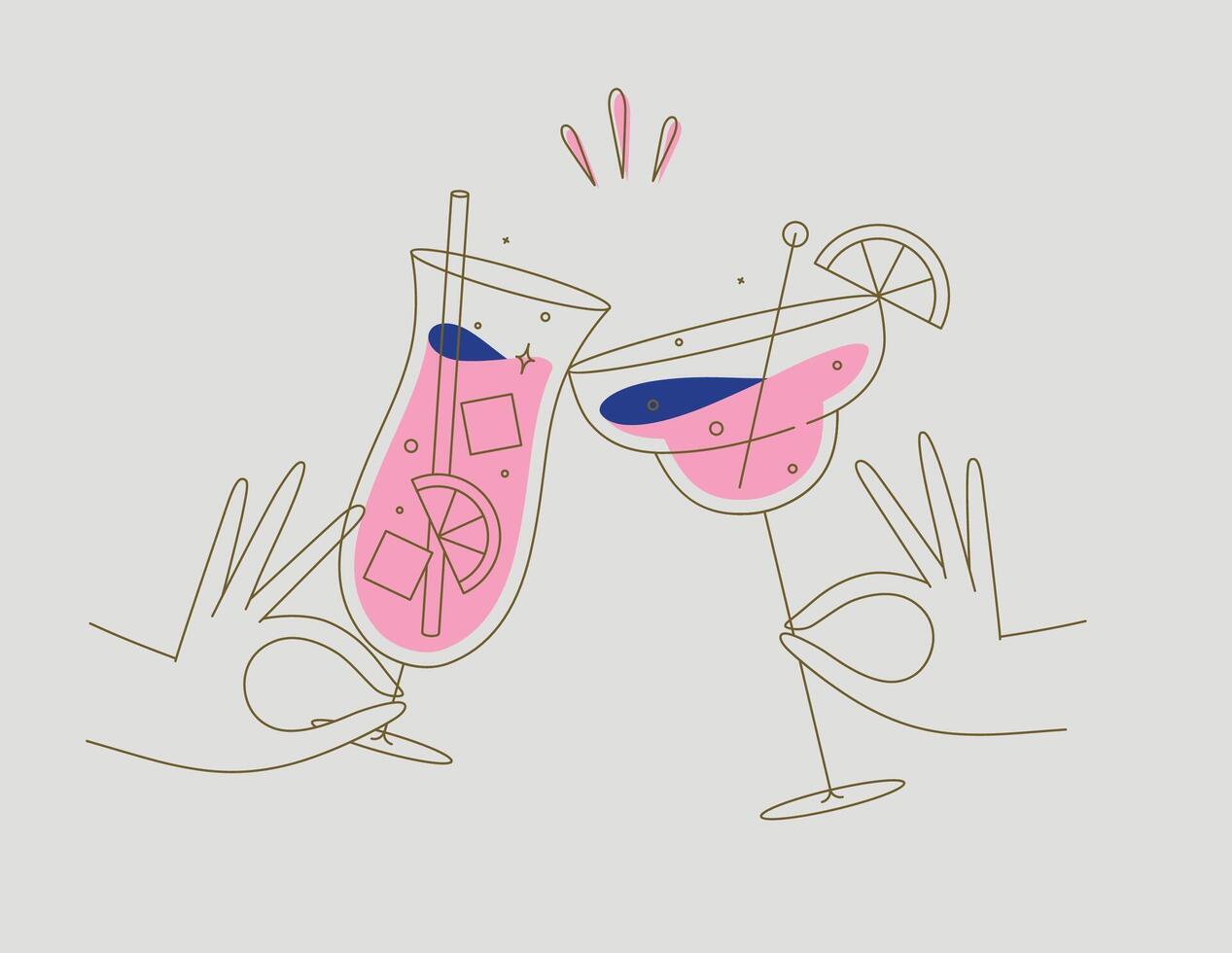 Hand holding pina colada and margarita cocktails clinking glasses drawing in flat line style on beige background vector