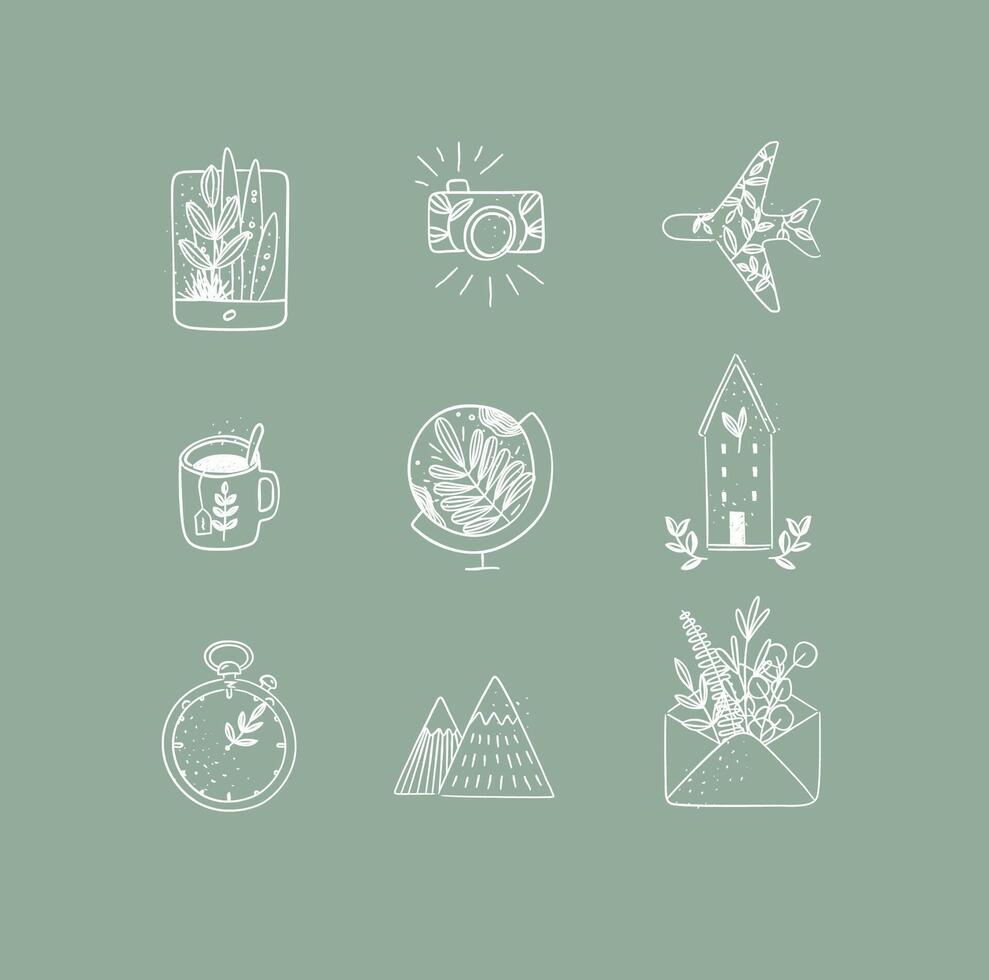 Set of travel nature icons in hand made line style tablet, camera, plane, tea cup, globe, house building, clock, mountains, envelope drawing on green background vector