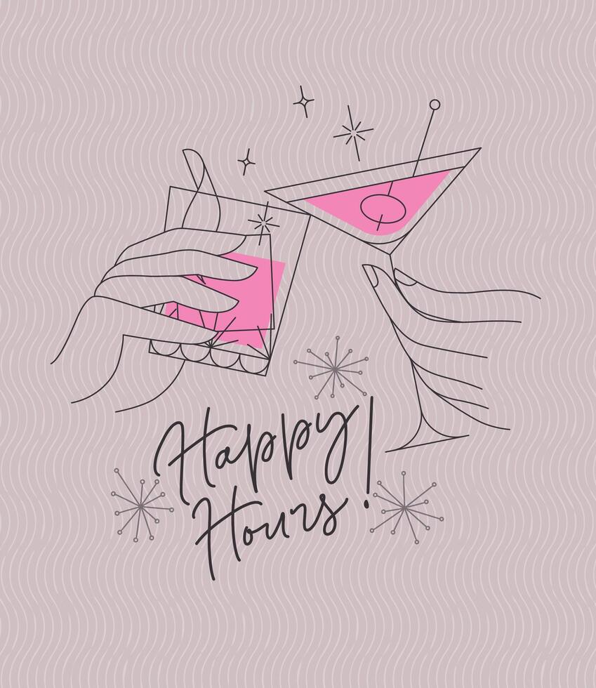 Poster clinking glasses with lettering happy hours drawing with color on pink background vector