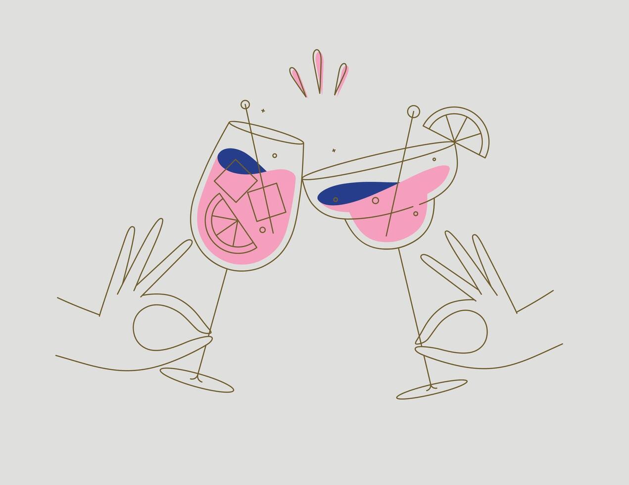 Hand holding margarita and sprits cocktails clinking glasses drawing in flat line style on beige background vector