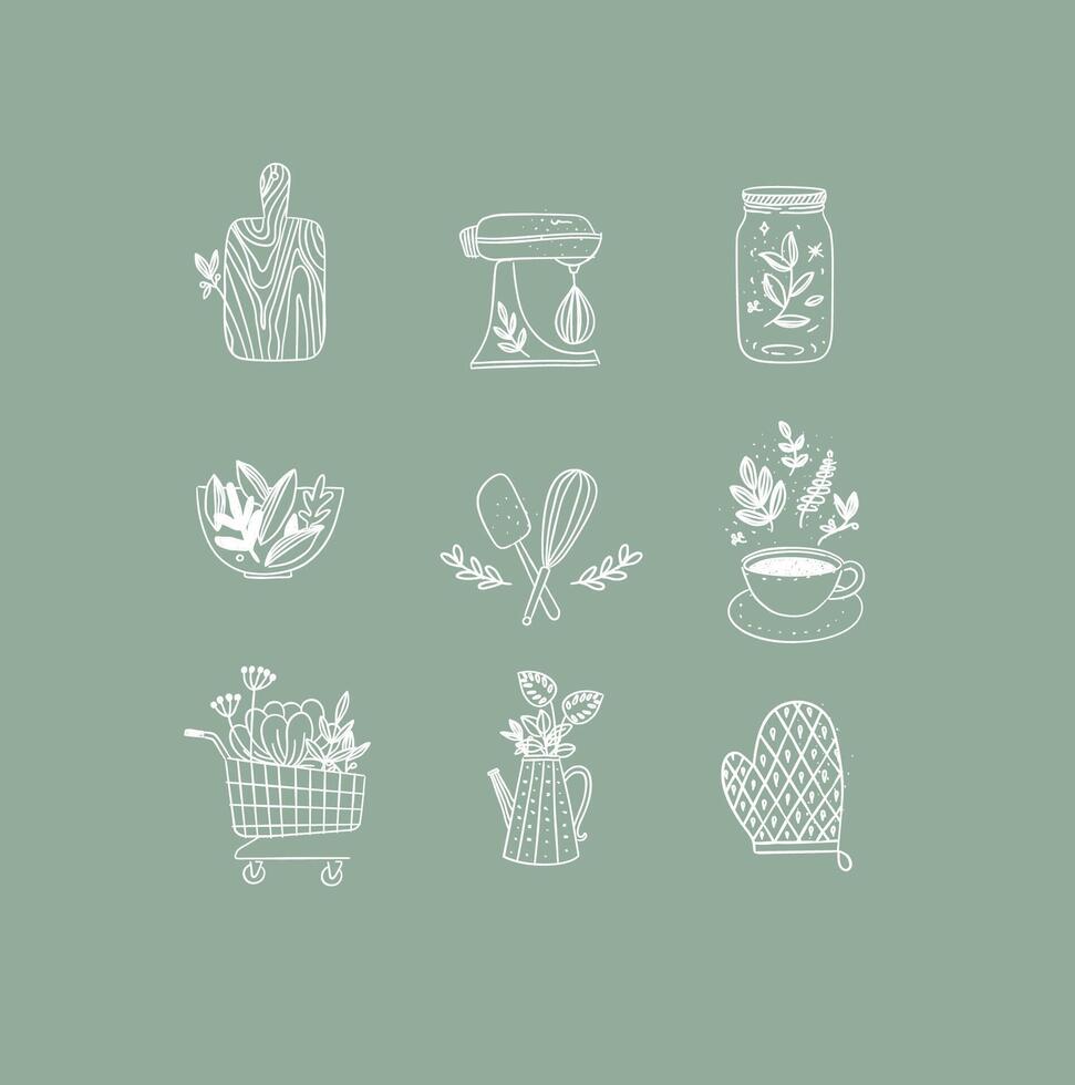 Set of floral kitchen icons in hand made line style cutting board, mixer, jar with lid, salad bowl, dough whisk, coffee cup, grocery cart, water jug for plants, oven mitts drawing on green background vector