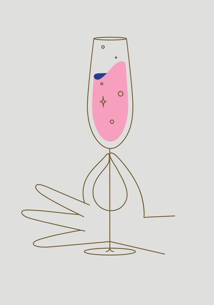 Hand holding glass of champagne drawing in flat line style on beige background vector