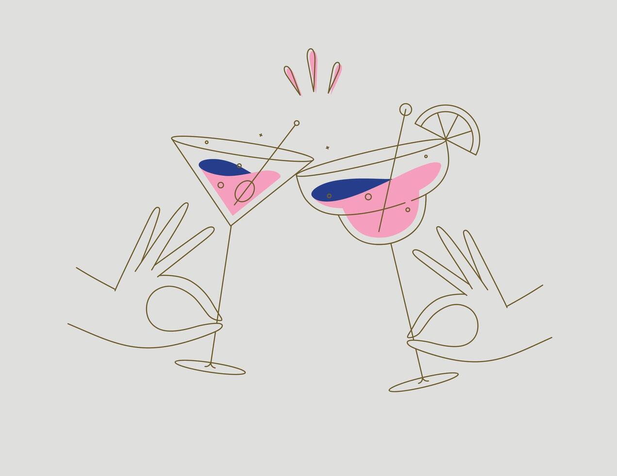 Hand holding margarita and manhattan cocktails clinking glasses drawing in flat line style on beige background vector