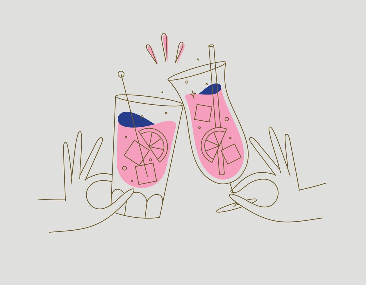Hand holding pina colada and cuba libre cocktails clinking glasses drawing in flat line style vector