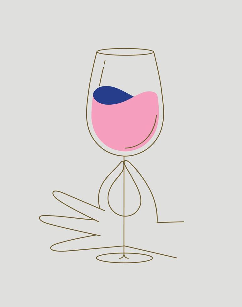 Hand holding glass of wine drawing in flat line style drawing on beige background vector