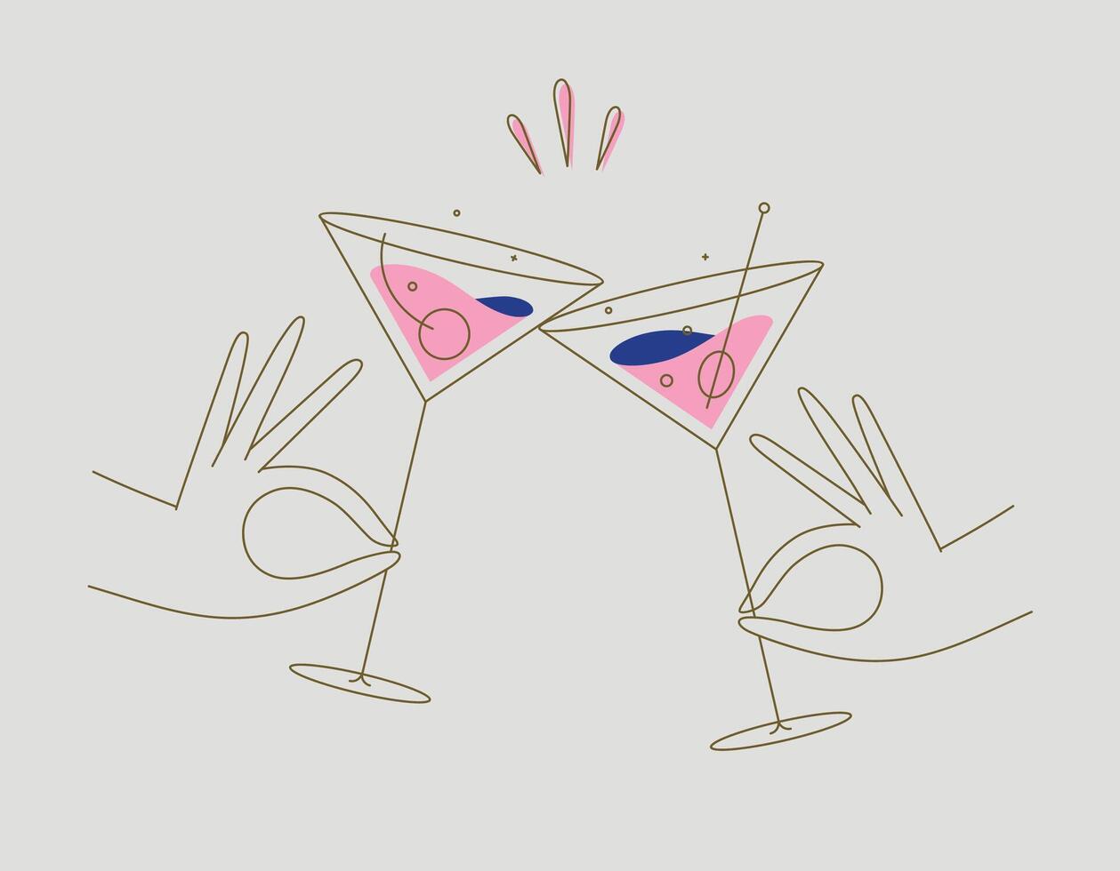 Hand holding cosmopolitan and manhattan cocktails clinking glasses drawing in flat line style on beige background vector