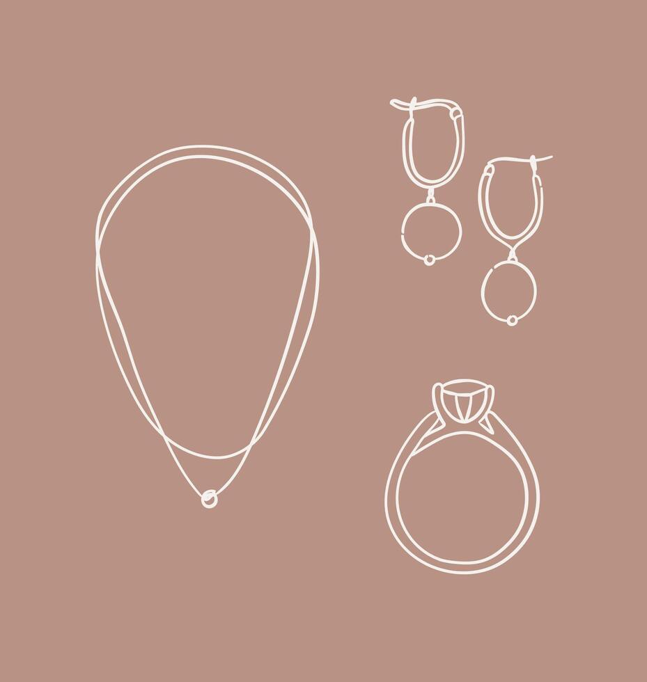 Women jewelry for daily use in handdrawing style on brown color background. vector