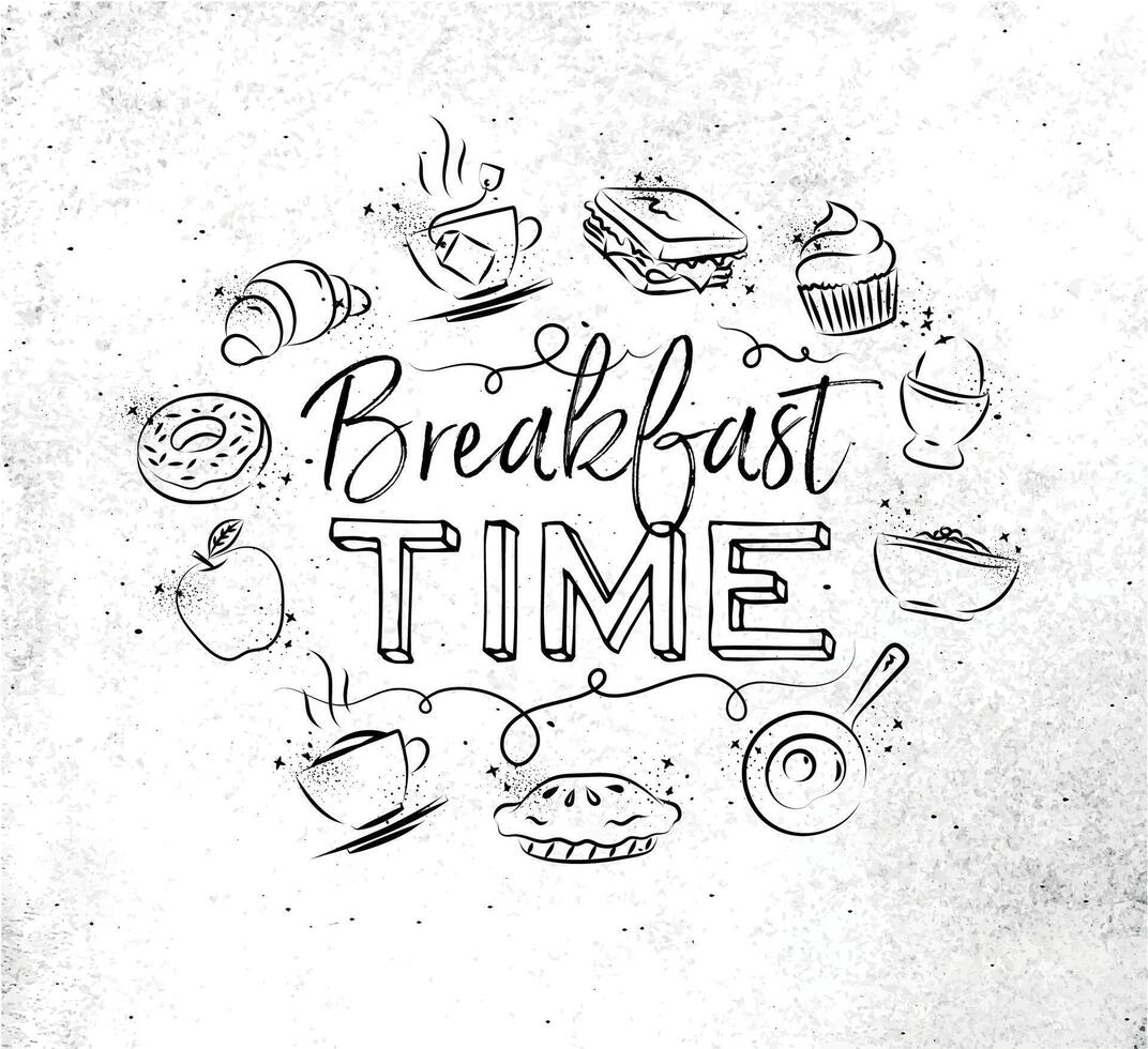 Breakfast time monogram with food icon drawing on dirty paper background vector