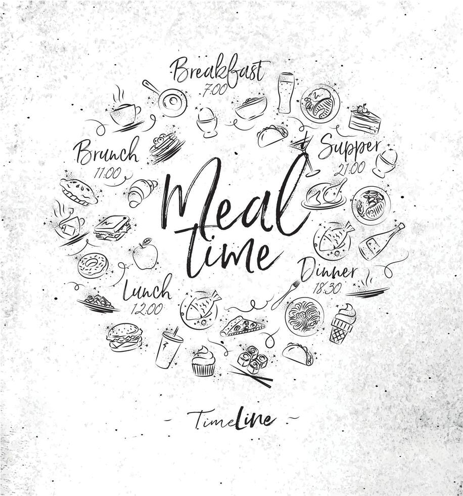 Meal time monogram with food icon drawing on dirty paper background vector
