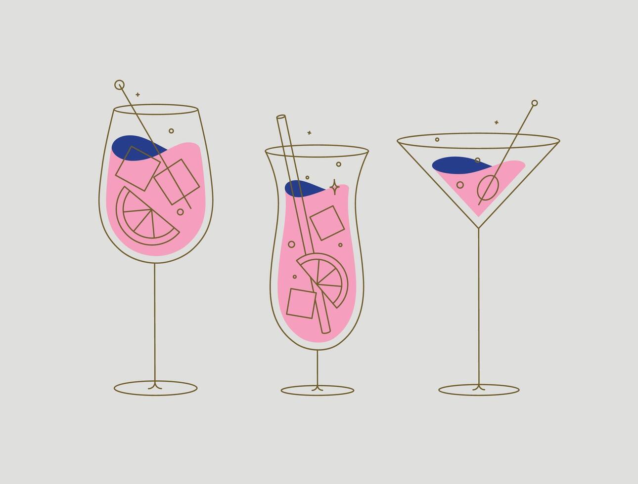 Cocktail glasses spritz pina colada cosmopolitan drawing in flat line style on beige background vector