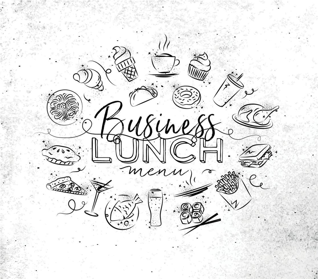 Business lunch monogram with food icon drawing on dirty paper background vector