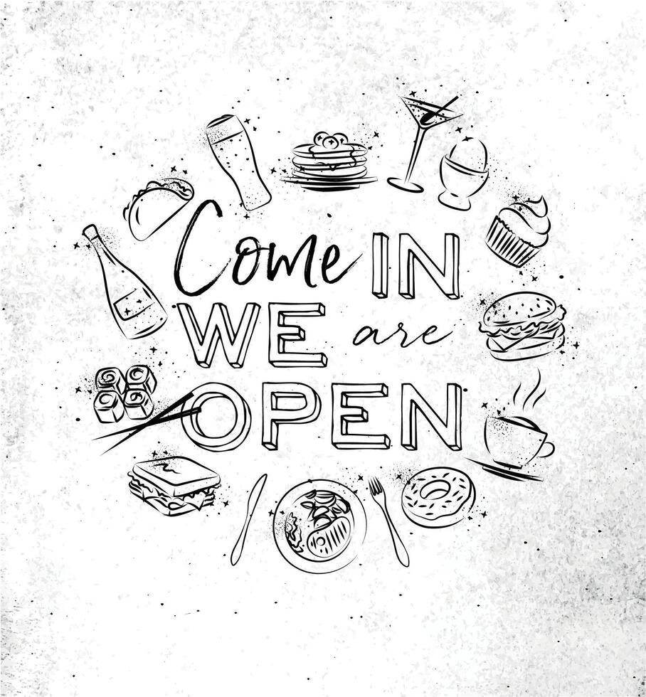 We are open monogram with food icon drawing on dirty paper background vector