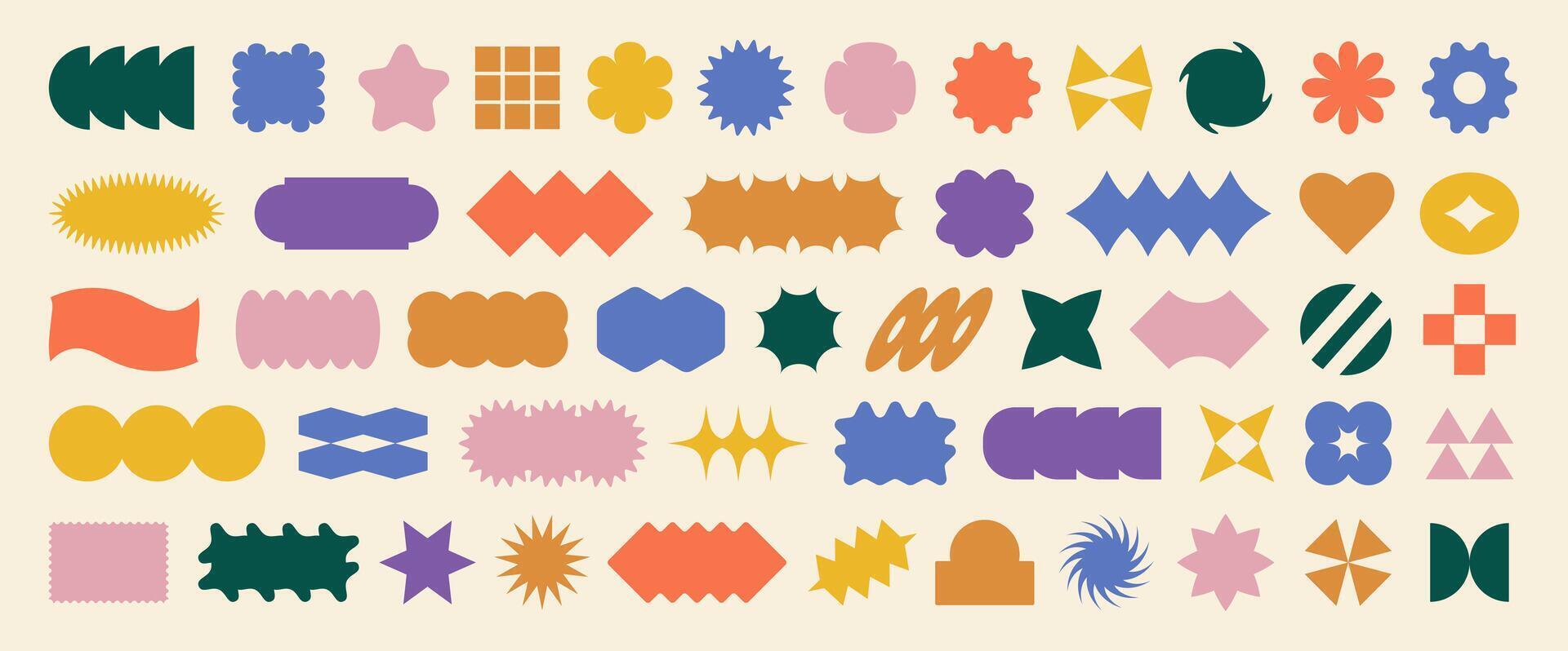 Big set of geometric modern brutalist shapes. Abstract retro icons and symbols in y2k style. Y2k elements big set. vector