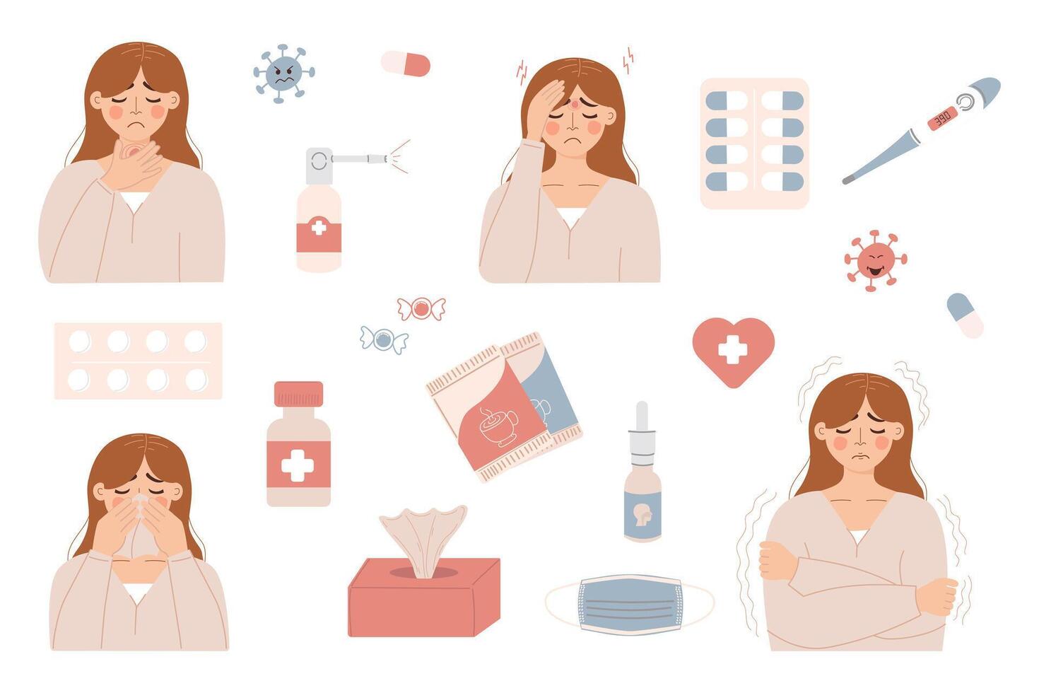 Symptoms of flu disease.Young girl with a set of medicines and treatments.People with cold or flu. Flat illustration vector