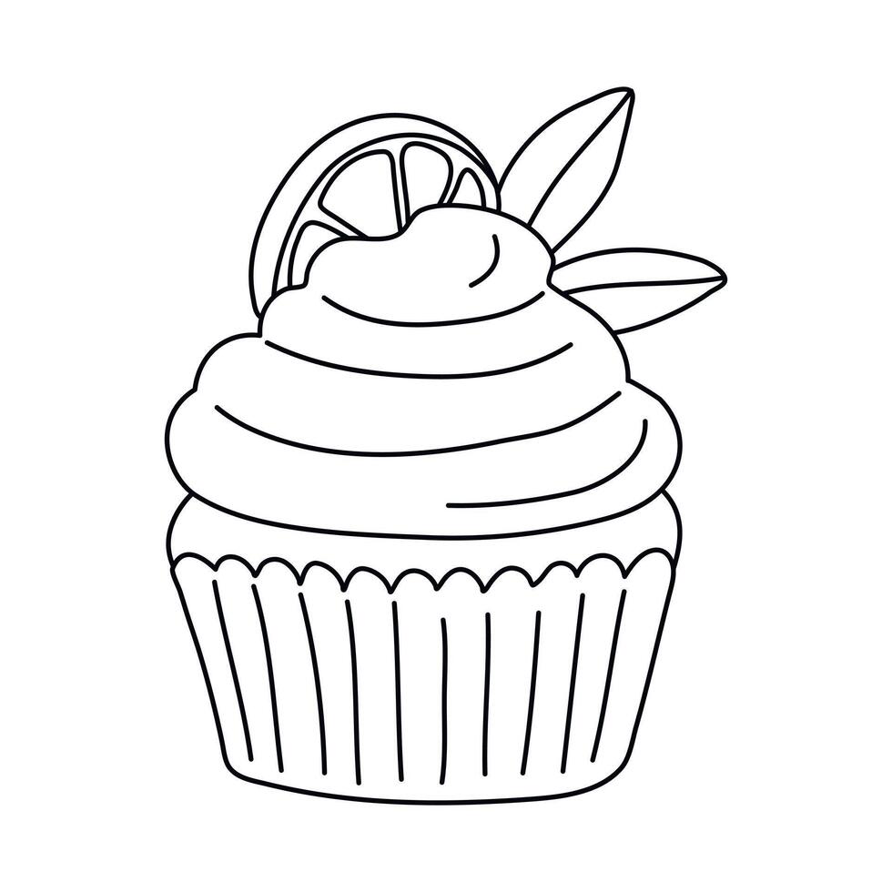 Hand drawn doodle cupcake with lemon slice isolated on white background. vector