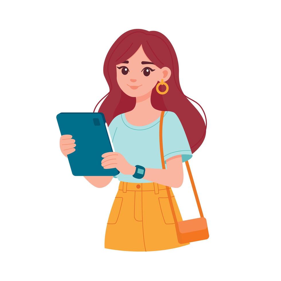 Girl holding gadget, surfing internet with tablet isolated on white background. Online communication concept. Female with devices. Flat illustration vector