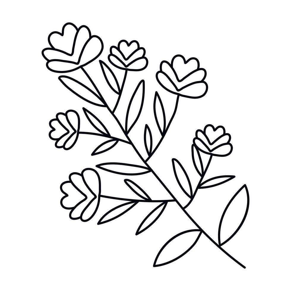 Hand drawn sketch branch with flowers and leaves isolated on white background. Simple doodle style. vector