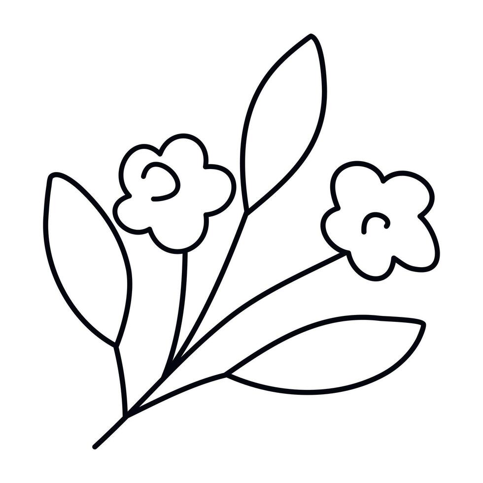 Hand drawn sketch branch with flowers and leaves isolated on white background. Simple doodle style. vector
