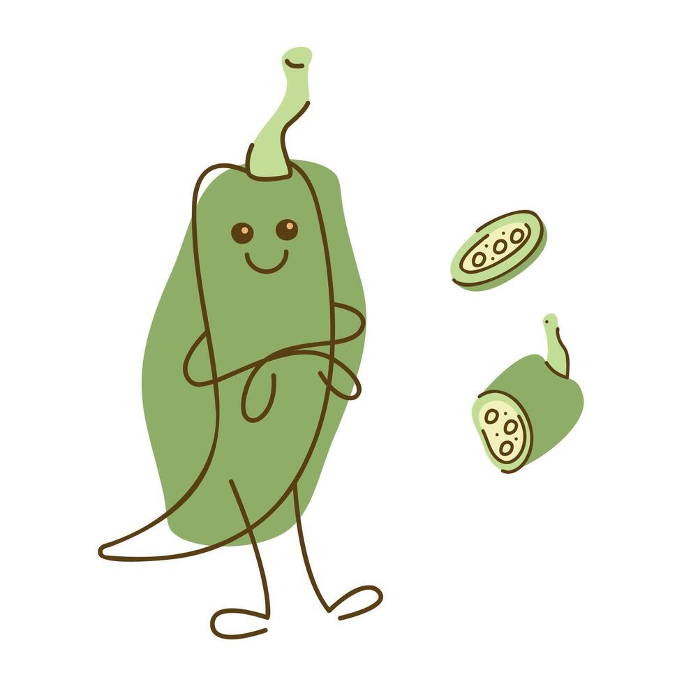 Cute chilli pepper character and pieces of chilli pepper. Hand drawn illustration. vector