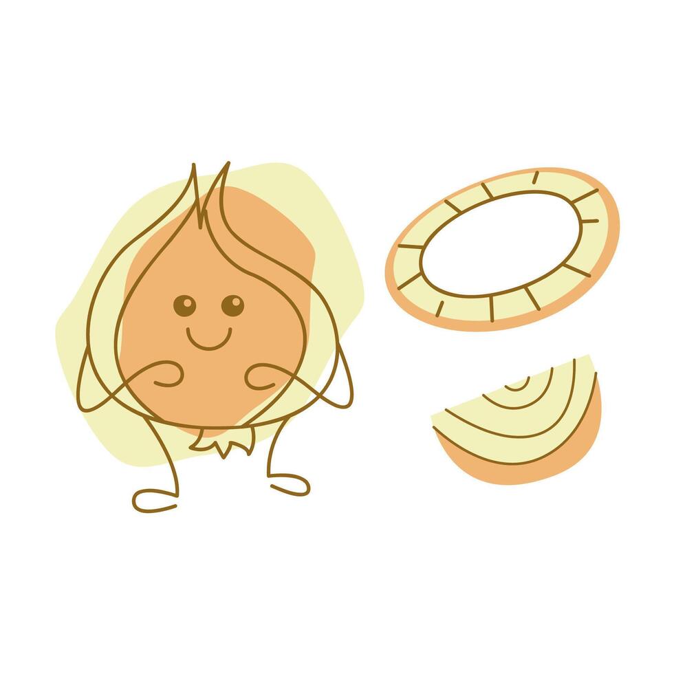 Cute onion character and half, ring, piece of onion. Hand drawn illustration. vector