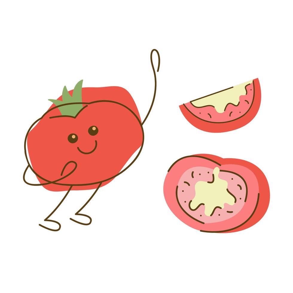 Cute tomato character and half, piece of tomato. Hand drawn illustration. vector