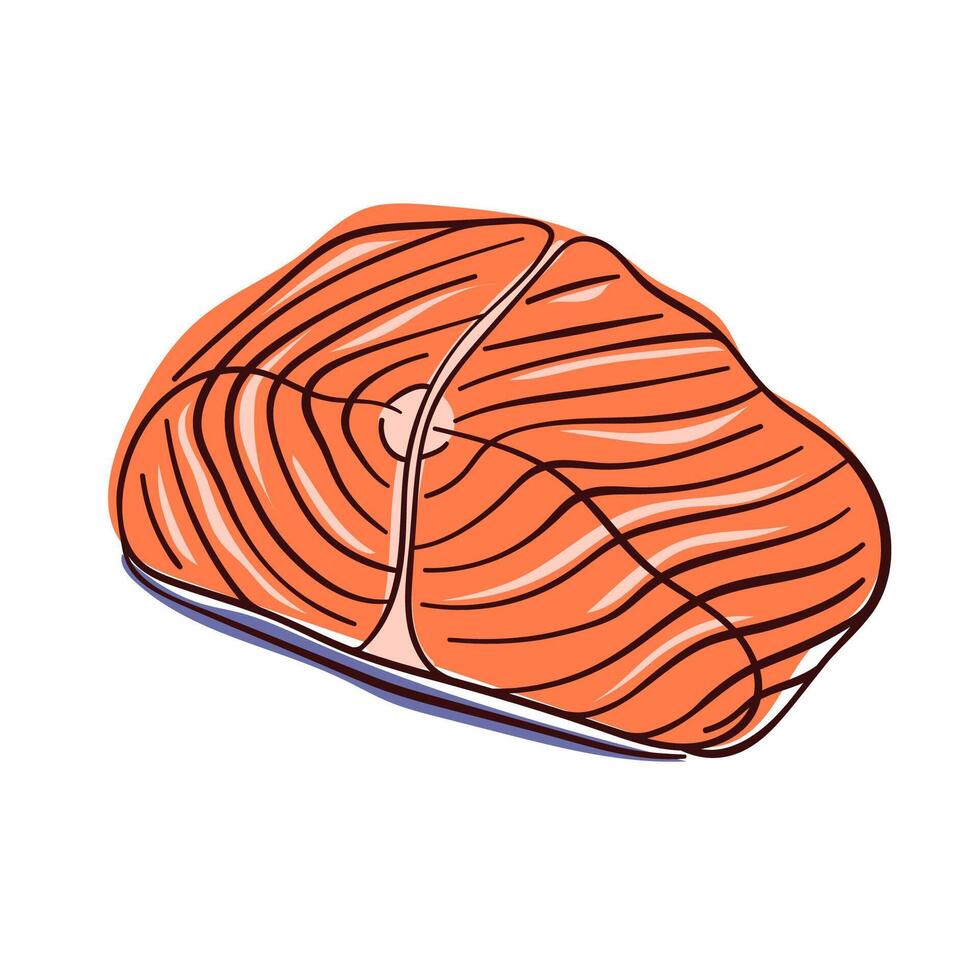 Salmon fillet slice flat style. Line art seafood. Design for fish and sea food restaurant menu, flyer, card. illustration isolated on a white background. vector