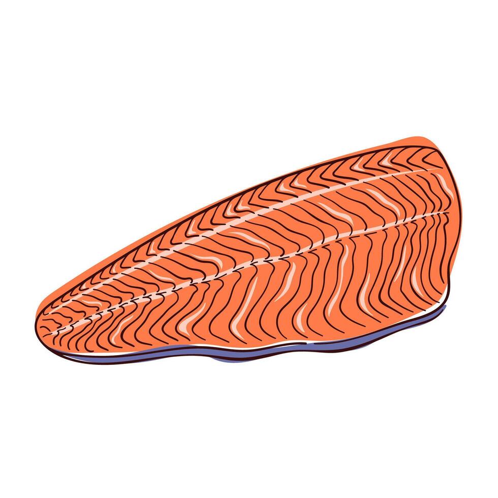 Slice fillet of salmon in flat style. Fresh piece fish product. Design for seafood restaurant menu. illustration isolated on a white background. vector