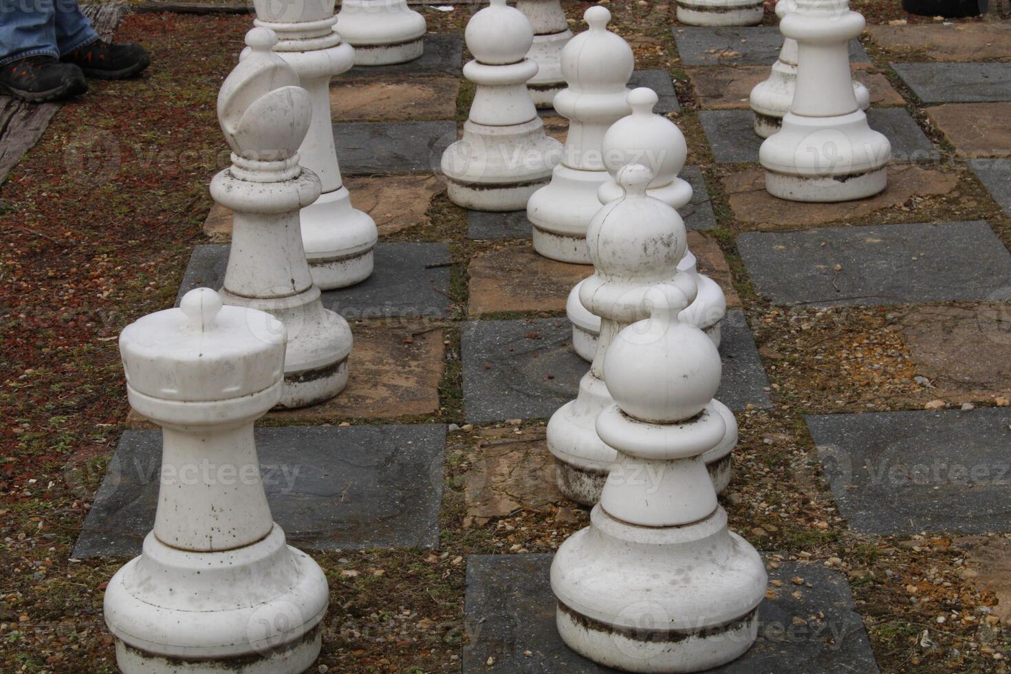 Large Chest Pieces On A Large Chess Board In A Yard. photo