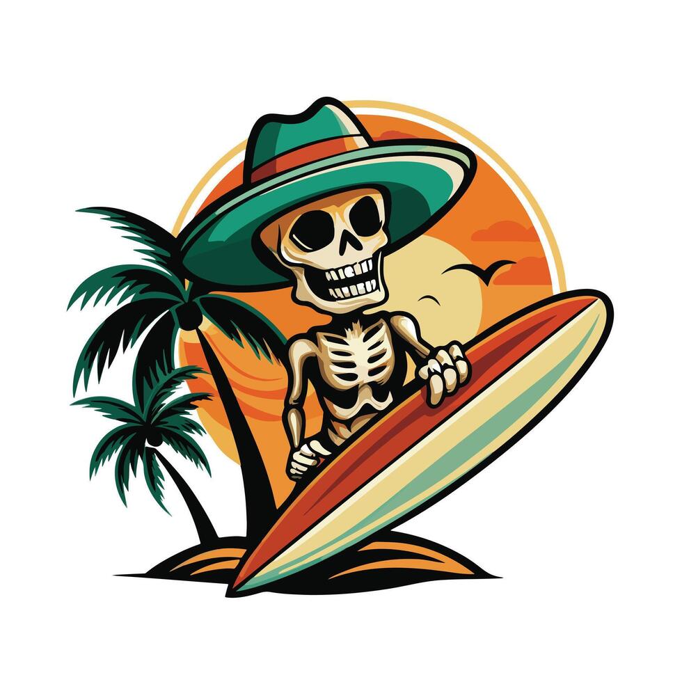 surfer cartoon skull illustration for summer t shirt design and beachwear vector