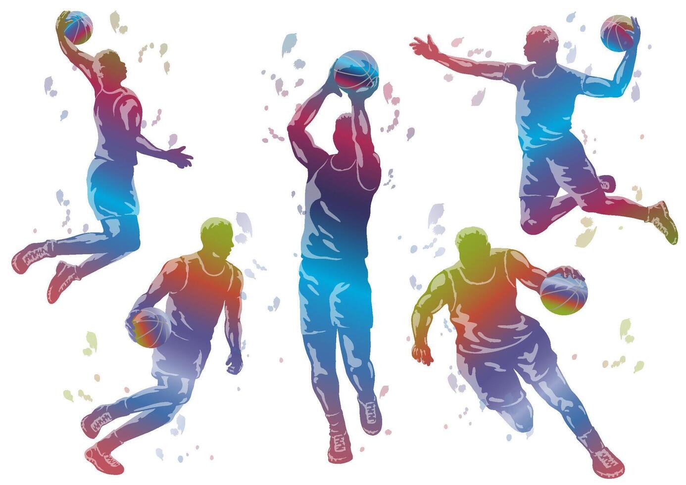 Basketball Players Colorful Gradation Silhouette Set Isolated On A White Background. vector