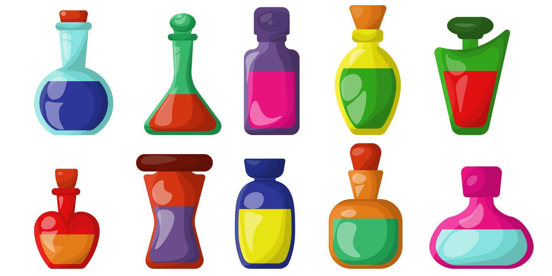 Set of glass vials and bottles with multi-colored liquid, various containers for magical decoctions or laboratory glassware for chemicals vector