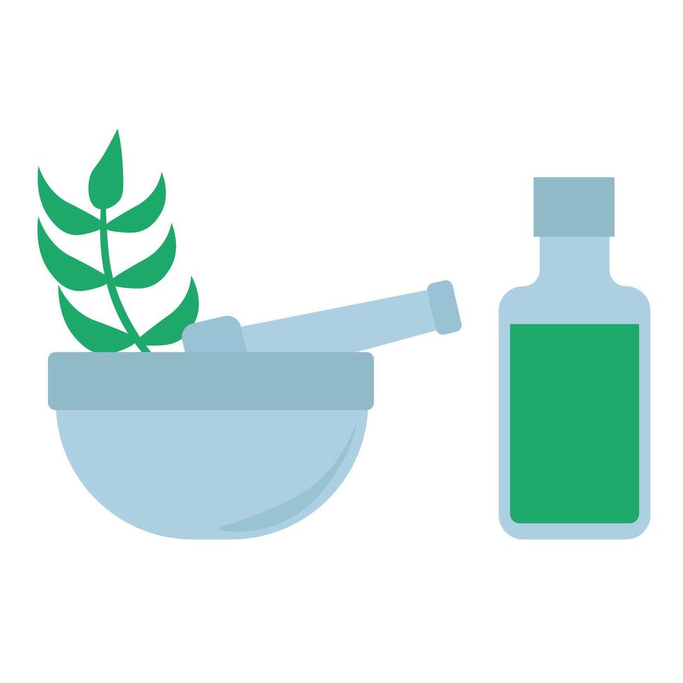 herbal extract preparation kit, mortar and pestle and bottle of green liquid vector