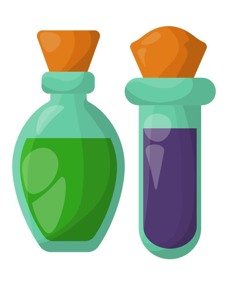 Set of test tubes and bottles with liquid, utensils for cosmetology and science vector