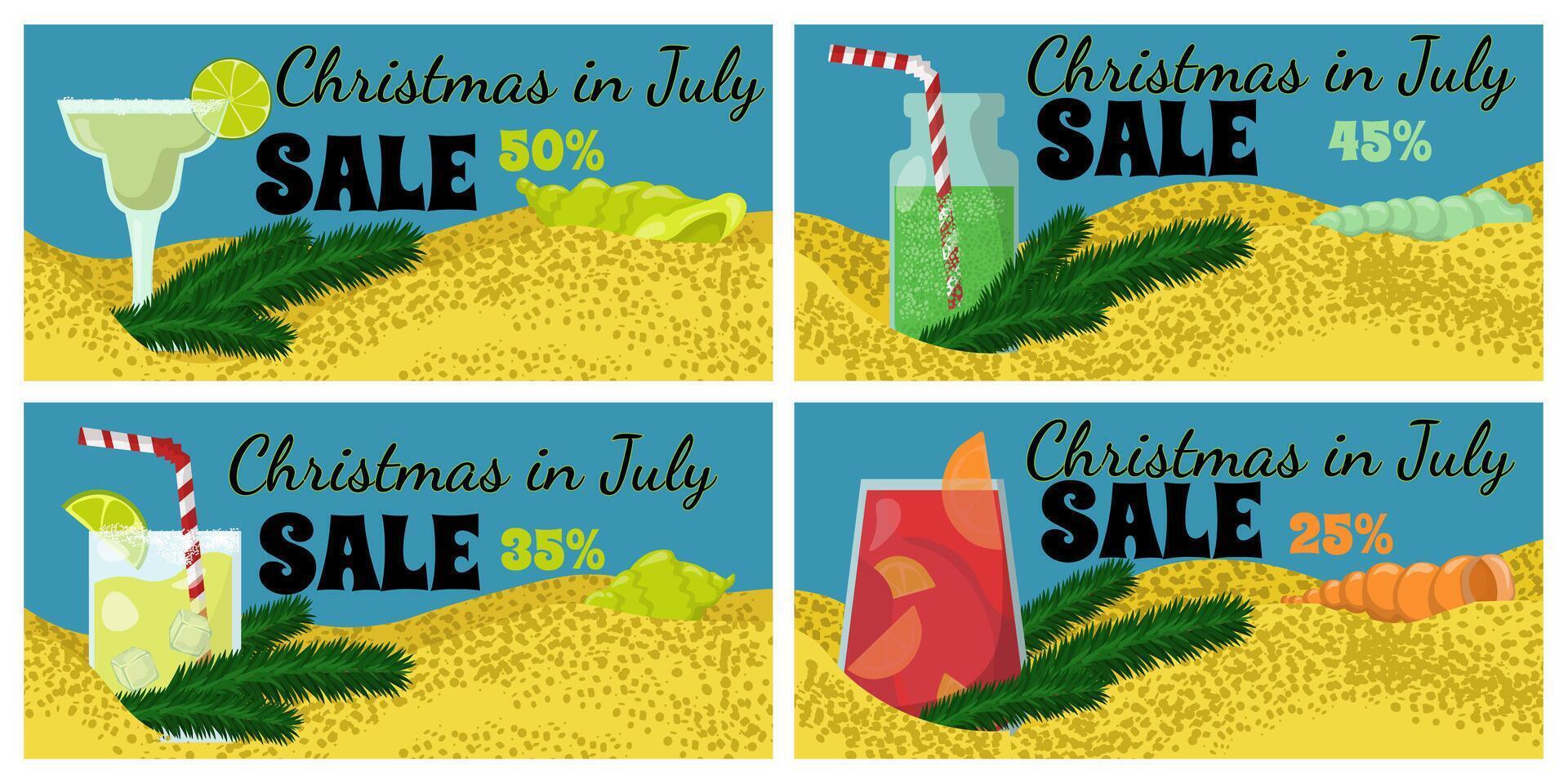 Set of horizontal flyers templates for Christmas in July sales, bright summer drinks and sprigs of pine needles on the beach vector
