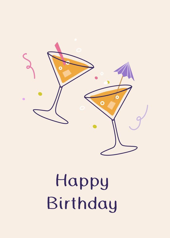 Happy birthday card with martini glasses and confetti. Elegant and trendy illustration templates in simple retro style vector