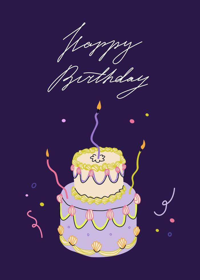 Happy birthday card with tiered cake and curved candles. Greeting card with handwritten typograpthy. Elegant and trendy illustration templates in simple style vector