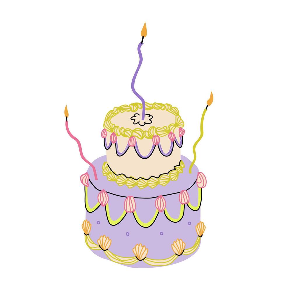 Tiered ruffle cake with curved candles in coquett trendy style. Flat illustration isolated on white background vector
