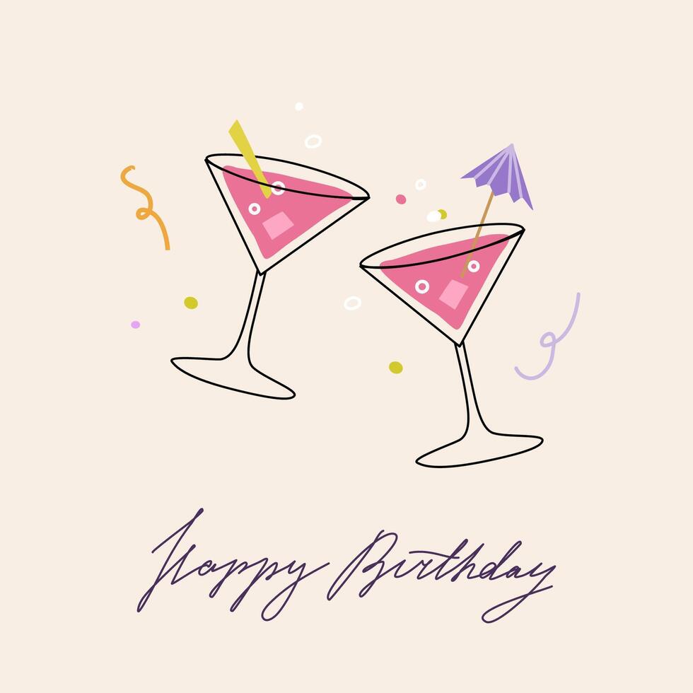 Happy birthday square card with martini glasses and confetti. Greeting card with handwritten typograpthy. Elegant and trendy illustration templates in simple retro style vector