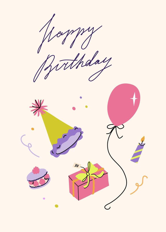 Happy birthday card with party hat, balloon, gift and macaron. Greeting card with handwritten typograpthy. Elegant and trendy illustration templates in simple style vector