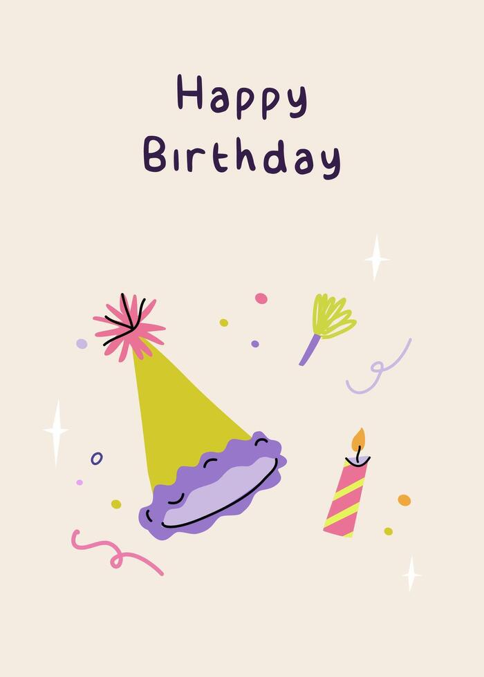 Happy birthday card with party hat, candle and birthday pipe. Greeting card with calligraphy. Elegant and trendy illustration templates in simple style vector