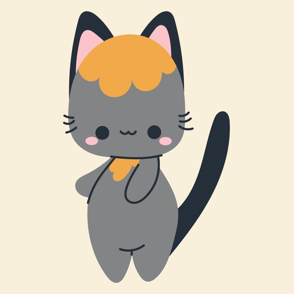 Cute kawaii cat in cartoon, flat, doodle, simple style. Design element for posters, postcards, greeting cards, wallpapers, children's clothes, fabrics, t-shirts, logos vector
