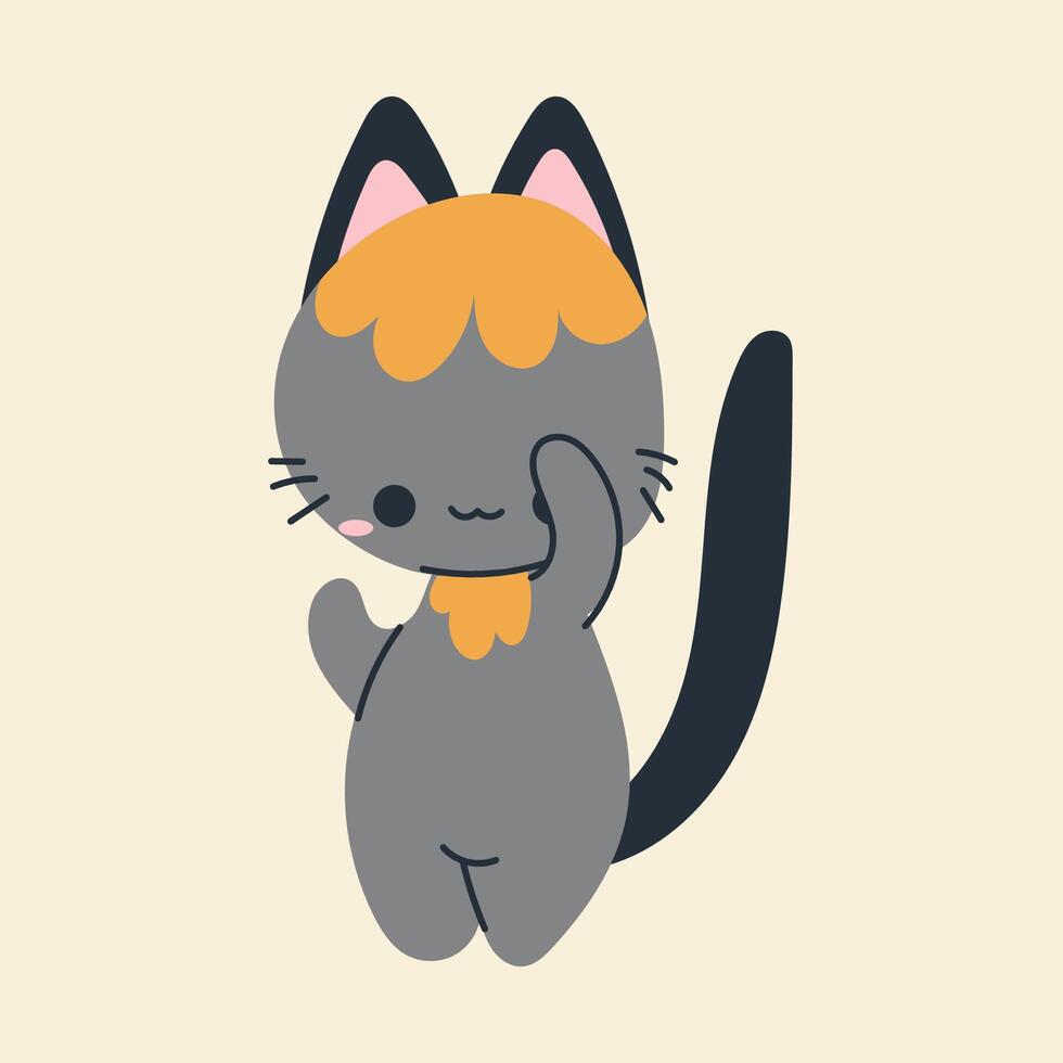 Cute kawaii cat in cartoon, flat, doodle, simple style. Design element for posters, postcards, greeting cards, wallpapers, children's clothes, fabrics, t-shirts, logos vector