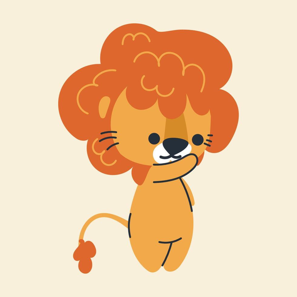 Cute kawaii lion in cartoon, flat, doodle, simple style. Design element for posters, postcards, greeting cards, wallpapers, children's clothes, fabrics, t-shirts, logos vector