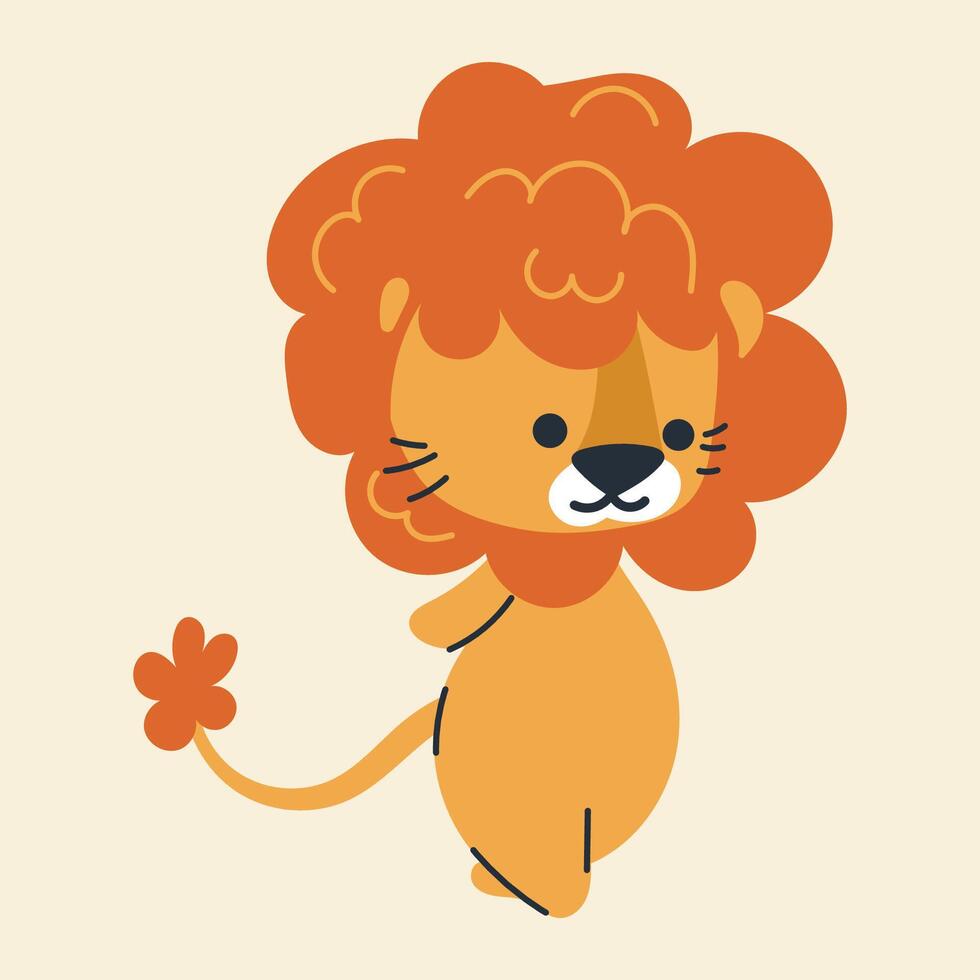 Cute kawaii lion in cartoon, flat, doodle, simple style. Design element for posters, postcards, greeting cards, wallpapers, children's clothes, fabrics, t-shirts, logos vector