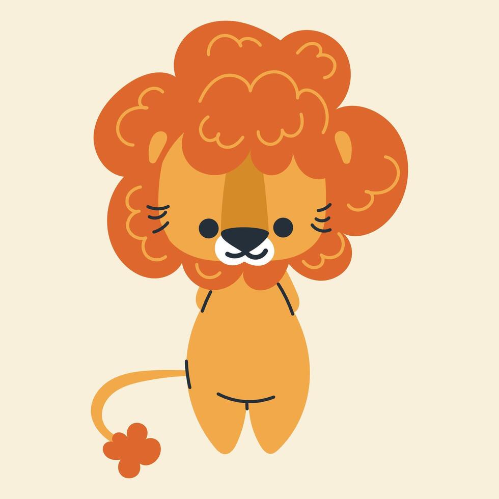 Cute kawaii lion in cartoon, flat, doodle, simple style. Design element for posters, postcards, greeting cards, wallpapers, children's clothes, fabrics, t-shirts, logos vector